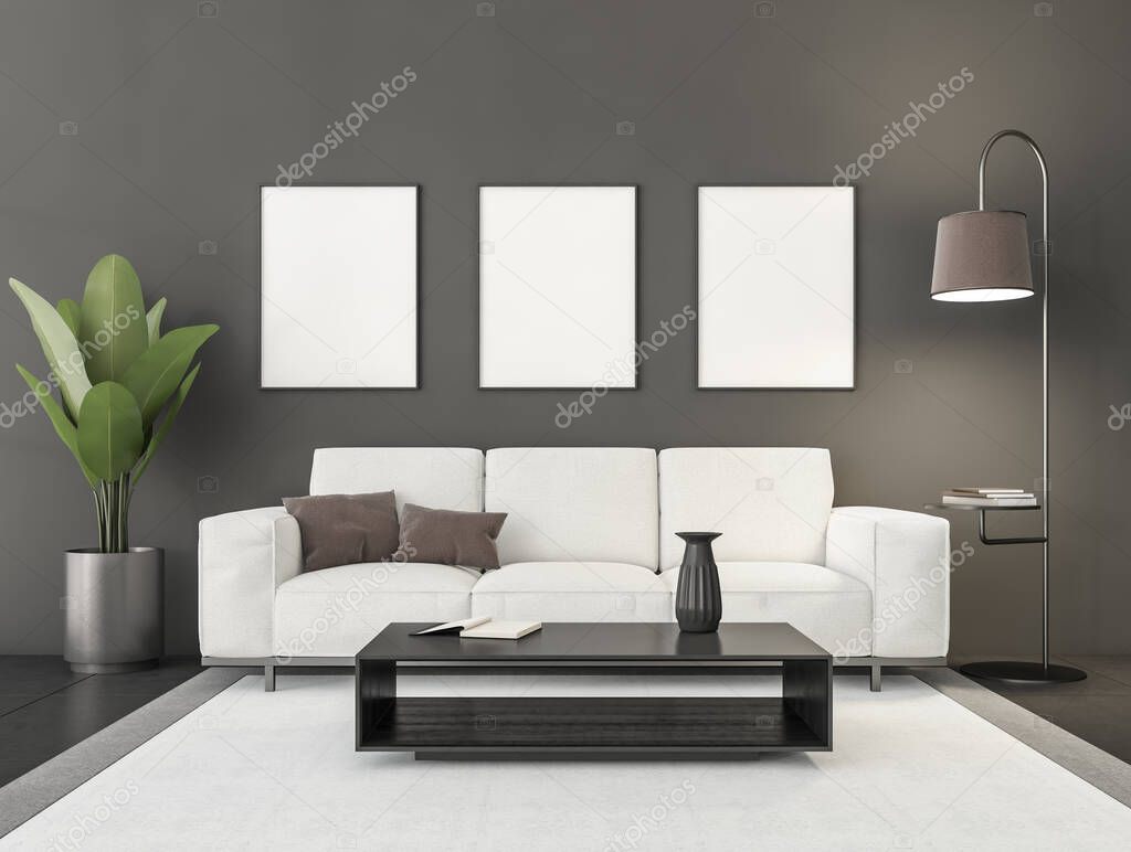 Relaxing interior with sofa and coffee table on carpet, grey concrete floor, plant and lamp with books. Lounge zone with three mockup frames in row on grey wall, 3D rendering