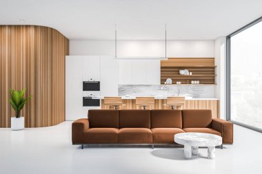 Parlak mutfak odası kanepe, çift fırın, üç bar taburesi, panoramik pencere ve beton zemin. Minimalist tasarım kavramı. Yaratıcı fikir için yer var. 3d oluşturma