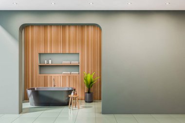 Siyah küvetli yeşil banyo ve havluları olan masa, ön manzara, havlu ve aksesuarlı raf, fayanslı zemin. Giriş öncesi boş duvarı kopyala, 3B oluşturma