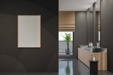 İçi boş beyaz poster, iki ayna, lavabo, şehir manzaralı panoramik pencere, beton zemin. Sağlık için hijyenik ve spa prosedürleri kavramı. 3d oluşturma