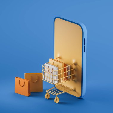 Akıllı telefon ve farklı paketli altın el arabası. Mavi arka planda online alışveriş için mobil uygulama. Uzay telefonu ekranını kopyala. 3B görüntüleme