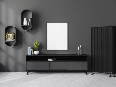 İçi siyah büfeden kitaplarla dolu karanlık bir galeri odası sanat odasında duvar rafı süslemesi gri beton zeminde gizlilik ekranı. 3 boyutlu görüntüleme, duvardaki çerçeveyi düzenle