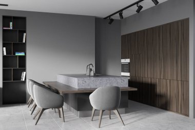 Dört koltuk ve gri döşemeli tezgahı olan koyu renk bir mutfak, yan görüş. Kitaplı raflar, spot ışıkları. Modern aletlerle yemek pişirme odası. 3B görüntüleme