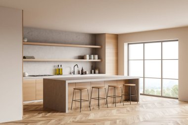 Ahşap ahşap iç döşeme, beş bar sandalyesi ve ahşap zemin üzerinde masa mutfak gereçleri ile lavabo, yan görüş. Kırsal kesimde panoramik pencereli lüks mutfak, 3 boyutlu görüntüleme