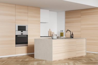 Barın içinde çift fırın, lavabo, havlu, sıvı sabun, gaz ocağı, yemek masası, ahşap zemin. Minimalist tasarım kavramı. Yaratıcı fikir için yer var. 3d oluşturma