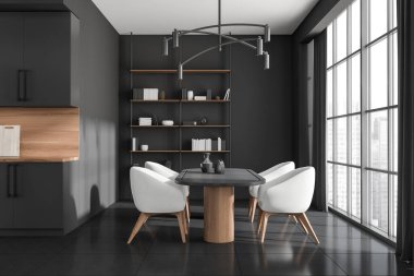 Mutfak odasının içinde dört koltuk, raf, gökdelen manzaralı panoramik pencere ve beton zemin var. Minimalist tasarım kavramı. Yaratıcı fikir için yer var. 3d oluşturma