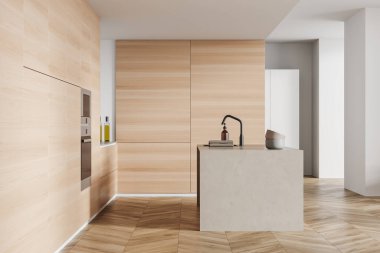 Barın içinde çift fırın, lavabo, havlu, sıvı sabun, yemek masası, ahşap zemin. Minimalist tasarım kavramı. Yaratıcı fikir için yer var. 3d oluşturma