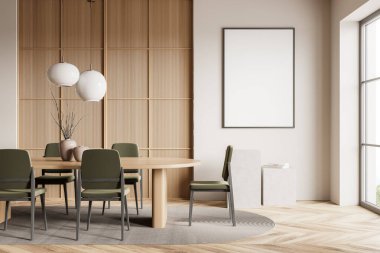 Ahşap yemek odası içinde sandalyeler ve yemek masası, kırsal manzaralı pencere. Standı ve dekorasyonu olan yemek odası, ahşap zemin. Duvardaki tuval çerçevesini düzenle, 3B görüntüleme