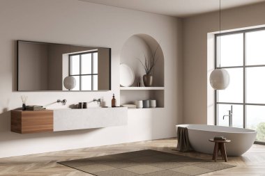 Modern banyo, seramik banyo küveti, çift lavabo, ayna. Beyaz duvarlar, ahşap döşemeler. Panoramik pencere. 3d oluşturma.