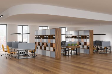 Şehir manzaralı panoramik pencereli parlak ofis odası, ahşap zemin, beyaz duvarlar, koltuklu masalar ve klasörlü raflar. Şirket kavramı. Çalışma için uygun bir yer. 3d oluşturma
