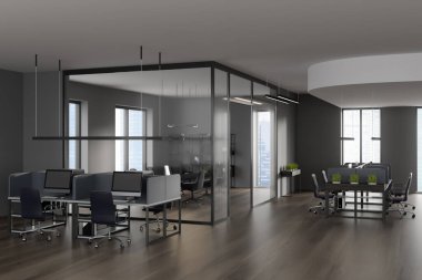 Şehir manzaralı panoramik pencereli karanlık ofis odası, ahşap zemin, gri duvarlar, koltuklu masalar ve klasörlü raflar. Şirket kavramı. Çalışma için uygun bir yer. 3d oluşturma
