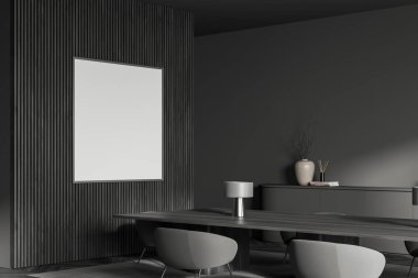 Karanlık ofis içi köşesinde boş beyaz poster, koltuklu masa, lambalar, beton zemin. Toplantı odası kavramı. Çalışma için uygun bir yer. Model yap. 3d oluşturma