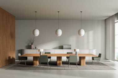 Konferans odasının içinde yeşil koltuklar, ahşap masa, beton zeminde halı. Uzun dolabı ve klasörleri olan ofis odası. Kırsalda perdeleri olan pencere, 3 boyutlu görüntüleme