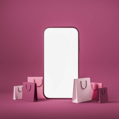 Akıllı telefon ve renkli paketler, online sipariş teslimatı. Pembe arka planda alışveriş için mobil uygulama. Uzay telefonu ekranını kopyala. 3B görüntüleme