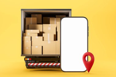 Sarı arka planda harita işaretleyicisi olan akıllı telefon uygulaması. Karton kutularla dolu bir kamyon. İzleme ve teslim etme kavramı. 3 boyutlu görüntüleme. Model görüntüleme alanı