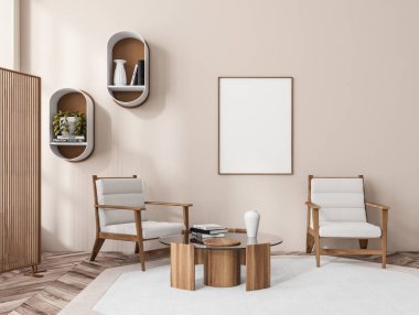 İki koltuk, sehpa, halı ve ahşap döşemeli bej rahatlatıcı oda. Duvardaki dekorasyon ve gizlilik ekranı. Duvardaki boş çerçeveyi, 3 boyutlu görüntülemeyi düzenle