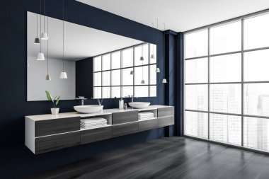 Karanlık banyo manzarası büyük ayna, iki lavabo, meşe ağacından zemin Singapur şehrinin gökdelen manzaralı panoramik pencere. Sağlık için hijyenik prosedürler kavramı. 3d oluşturma