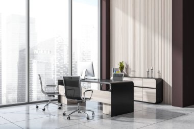 Kırmızı kahverengi duvar, ahşap paneller, panoramik ofis içi CEO 'ların çalıştığı yer, arkasında bir dolap. Döşeme döşemesi. Modern ofis tasarımı kavramı. 3d oluşturma