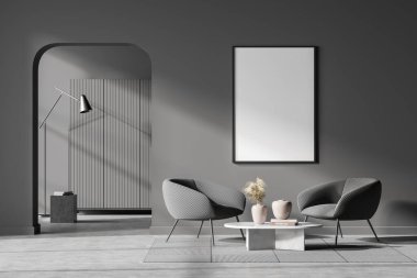 İçi koyu renk oturma odası, iki koltuk ve resim dekorasyonlu kahve masası, ön manzara, gri beton zeminde halı. Boş tuval, 3 boyutlu görüntüleme