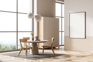 Parlak oturma odası içi boş beyaz poster, panoramik pencere, üç koltuklu masa, gardırop, ahşap ahşap zemin. Minimalist tasarım kavramı. Yaratıcı bir fikir. Model yap. 3d oluşturma