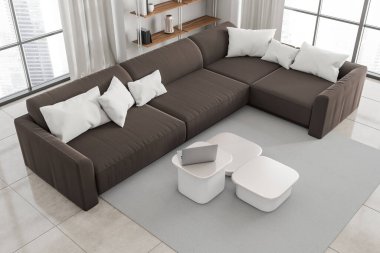 En iyi oturma odası manzarası kahverengi kanepe ve koltuk, dizüstü bilgisayarlı kahve masası, bej döşemeli döşeme, şehir manzaralı pencere. Dekorasyonlu minimalist gevşeme alanı, 3B görüntüleme