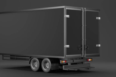 Siyah arka planda izole edilmiş kapalı siyah bir kamyonun yan görüntüsü. Sevkiyat ve teslimat kavramı. Metin ve logo için kopyalama alanı, 3B oluşturma