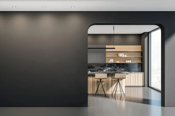 Schwarze Kücheneinrichtung Mit Thekenstühlen Und Tisch Auf Grauem Betonboden Frontansicht — Stockfoto