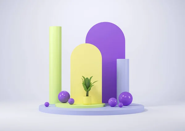 紫色和黄色的拱门和讲台与柱 植物在壶和装饰球 五颜六色的产品展示模型 广告商品 模拟复制空间 3D渲染 — 图库照片