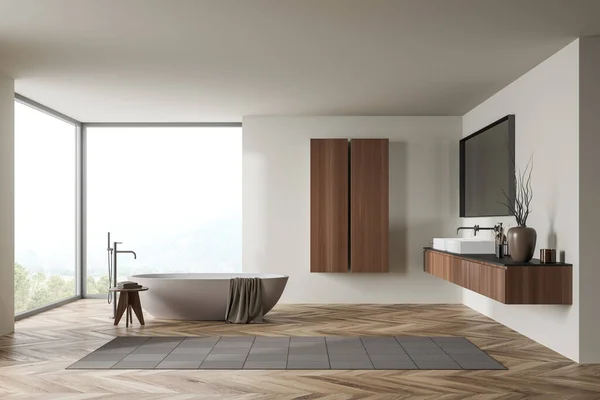 Interno Bagno Legno Due Lavandini Con Specchio Ripiano Con Decorazione — Foto Stock