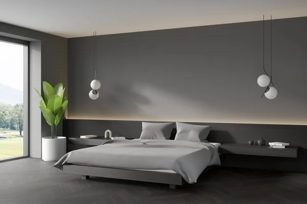 Dark Bedroom Interior Bed Grey Linens Pillows Side View Black — Stock Photo, Image