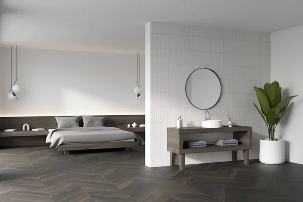 角落景观明亮的卧室内部与床 白色墙壁 木制分区 硬木地板 镜子和床边 当代公寓设计的概念 3D渲染 — 图库照片