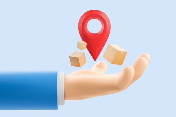 青い背景に浮動小数点の段ボール箱 赤い場所の地図ピンを持つ男の手 オンライン注文 小包の配達の概念 3Dレンダリング — ストック写真
