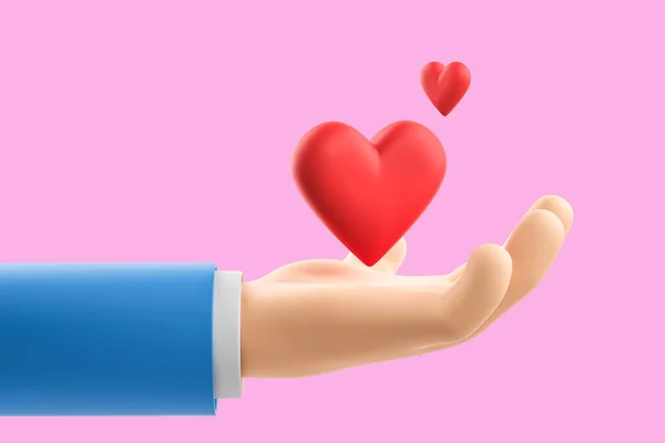 Cartoon Character Man Hand Holding Red Heart Side View Concept — Stock Photo, Image