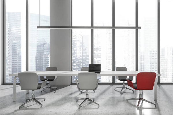 Industrial office interior with six armchairs, laptop on white table, grey concrete floor. Office space with device, panoramic window with Singapore city view, 3D rendering