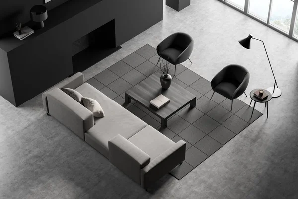 Vista Superior Sala Leitura Escura Interior Com Sofá Poltrona Mesa — Fotografia de Stock