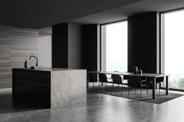 灰色简约厨房内部与岛屿橱柜 八张椅子和桌子的地毯 侧视图 灰色混凝土地板 全景窗 可以看到乡村景色 3D渲染 — 图库照片