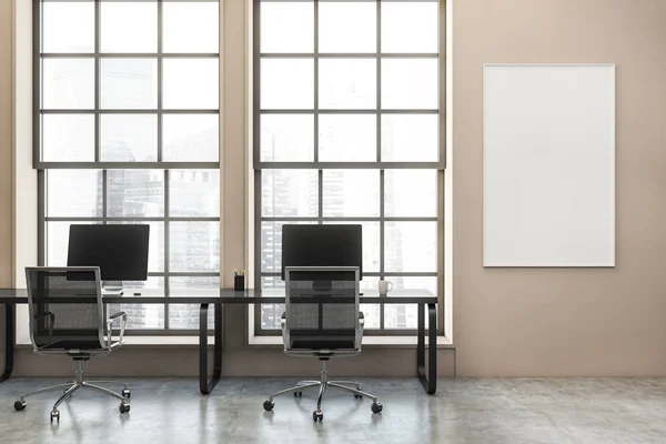 Front View Dark Office Room Interior Empty White Poster Desks — Stock Photo, Image