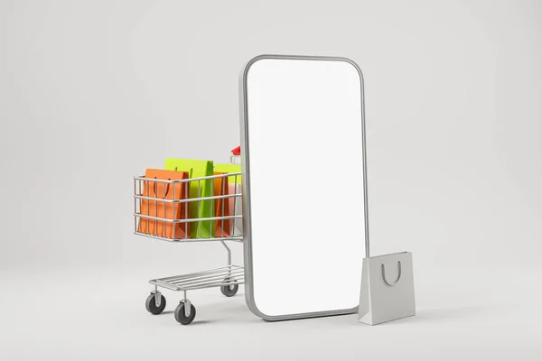 Smartphone Und Einkaufswagen Mit Bunten Paketen Supermarkt Lieferung Mobile App — Stockfoto