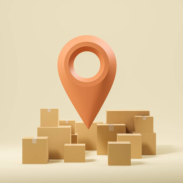 Closed cardboard boxes on light bottom, a large location mark. Concept of online orders, shopping, delivery and tracking of parcel. 3D rendering