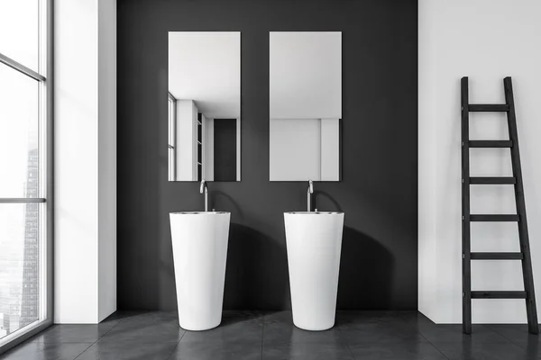 Interior Moderno Banheiro Com Dois Dissipadores Cerâmica Branca Piso Azulejos — Fotografia de Stock