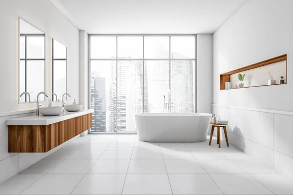 Interior Banheiro Brilhante Com Banheira Piso Telha Concreto Janela Panorâmica — Fotografia de Stock