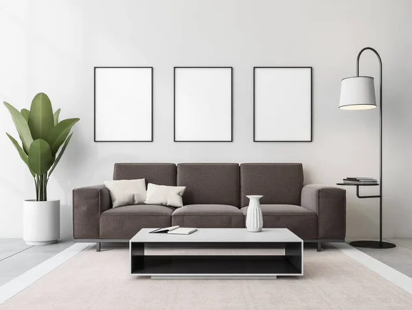 Entspannendes Interieur Mit Sofa Und Couchtisch Auf Teppich Grauem Betonboden — Stockfoto