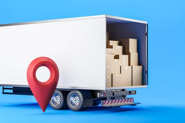 Ukazatel Mapy Kamion Kartonovými Krabicemi Boční Pohled Modré Pozadí Koncept — Stock fotografie