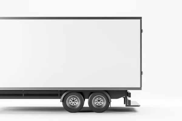 白いトラックボディのサイドビューでは 白い背景に隔離された 出荷と配送の概念 テキストとロゴのコピースペースをモックアップし 3Dレンダリング — ストック写真