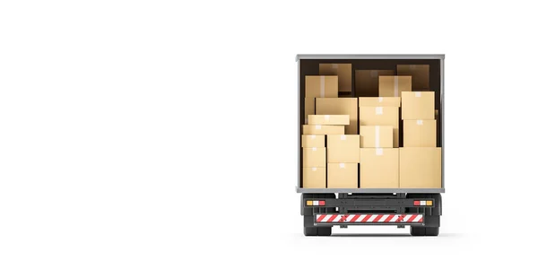 满载纸板箱的工业用卡车的后视镜 白色背景 包装和装运的概念 免费和快速送货 模拟复制空间 3D渲染 — 图库照片