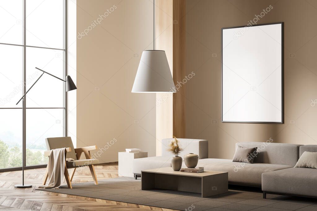 Relaxing guest room interior with sofa and armchair on carpet, coffee table with decoration, side view, panoramic window on countryside, hardwood floor. Mock up blank canvas on beige wall, 3D rendering