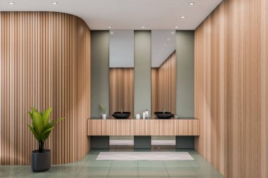İki ayna ve lavabo, yeşil beton döşeme, ahşap duvarlar, sıvı sabun. Sağlık için hijyenik ve spa prosedürleri kavramı. 3d oluşturma
