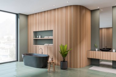 Koyu banyonun iç tarafında küvet, ayna ve lavabo, beton döşeme, havlular, şehir manzaralı panoramik pencere. Sağlık için hijyenik ve spa prosedürleri kavramı. 3d oluşturma