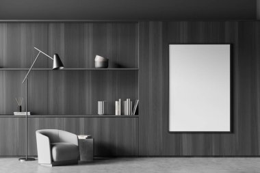 Oturma odasının iç dekorasyonunda posterli uzay modelleme duvarını, koyu ahşap duvarda gri mobilyaları ve beton döşemeleri, lambalı koltukları kopyala. Rahatlama kavramı. 3d oluşturma