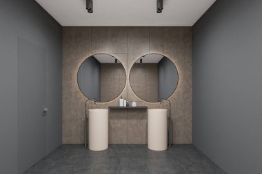 İki yuvarlak ayna ve lavabo, gri duvarlar, sıvı sabun, beton zemin ve kapı. Sağlık için hijyenik ve spa prosedürleri kavramı. 3d oluşturma